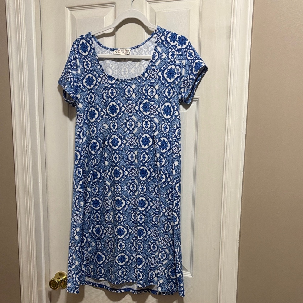 Pink‎ Rose Blue and White Mini Dress